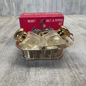 3 Piece Vintage Gold Silver Glass Salt Pepper shakers in Zinc Basket Japan MCM